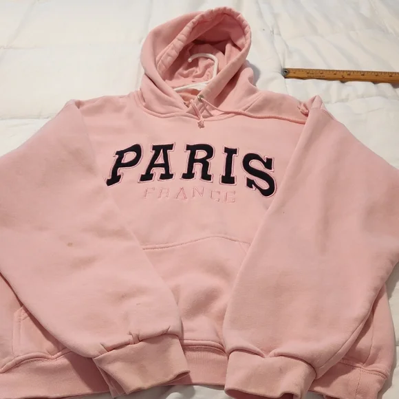 Paris France Pink Hoodie Medium 20" PTP Embroidery Front Comfy Vintage - Picture 6 of 13